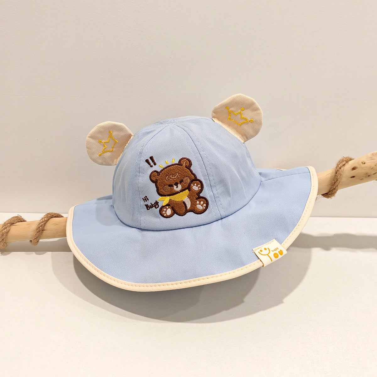 Children's Single-color Hemmed Cartoon Bear Pattern Embroidered Casual And Cute Wide-brimmed Fisherman Hat