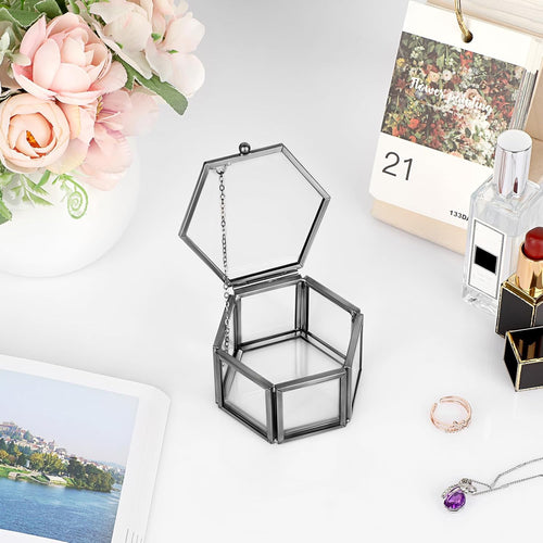 Vintage Glass Jewelry Box - Black Hexagonal Jewelry Display Organizer Keepsake Box Home Decorative Box Case for Trinket Ring Earring Chest, Small