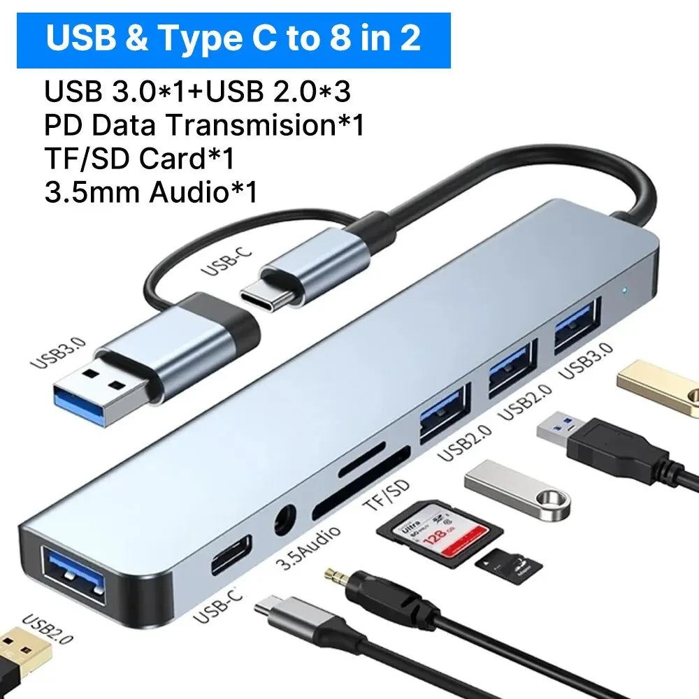 8-in-1 USB-C Hub with USB Ports, SD Card Reader, and Audio Jack