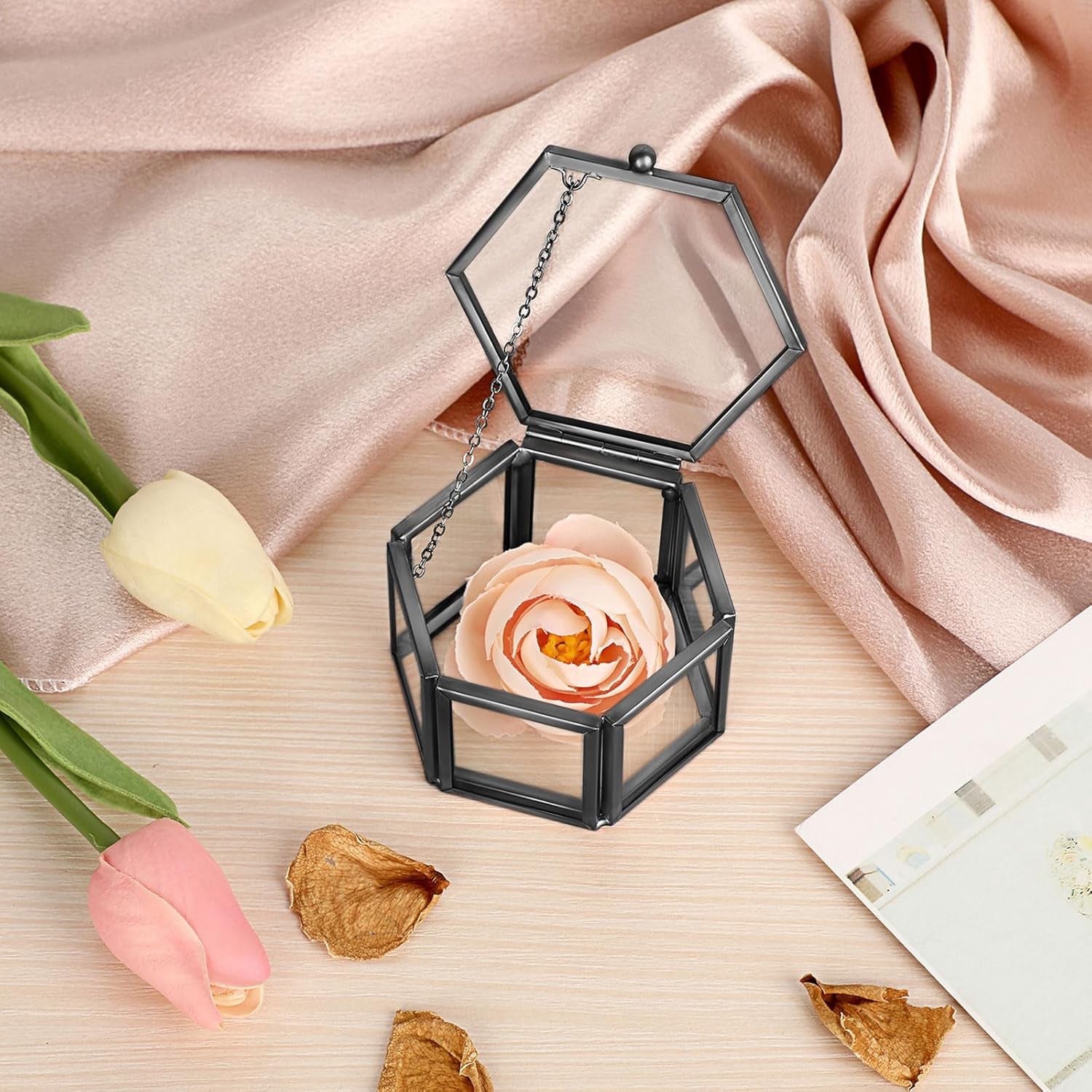 Vintage Glass Jewelry Box - Black Hexagonal Jewelry Display Organizer Keepsake Box Home Decorative Box Case for Trinket Ring Earring Chest, Small