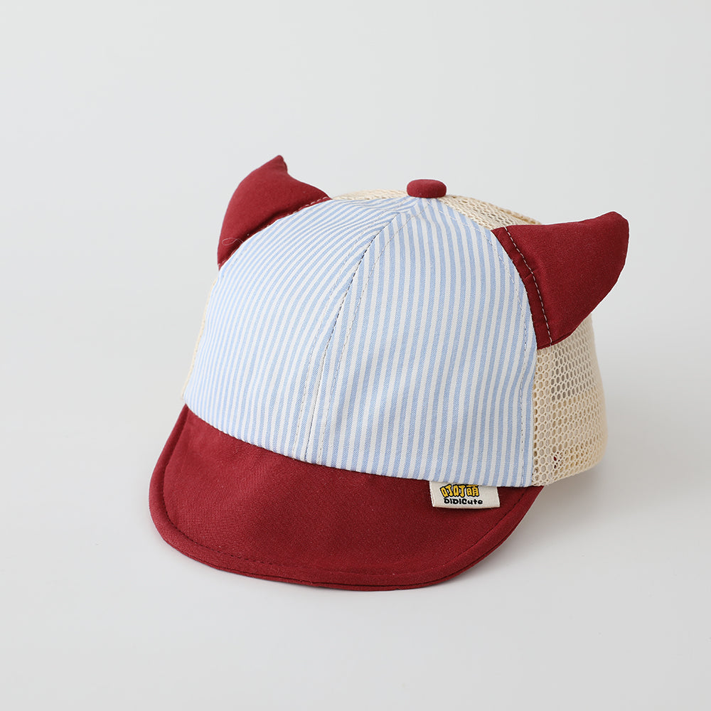 Children's Vertical Stripe Demon Horn Mesh Baseball Cap For Outdoor Picnics