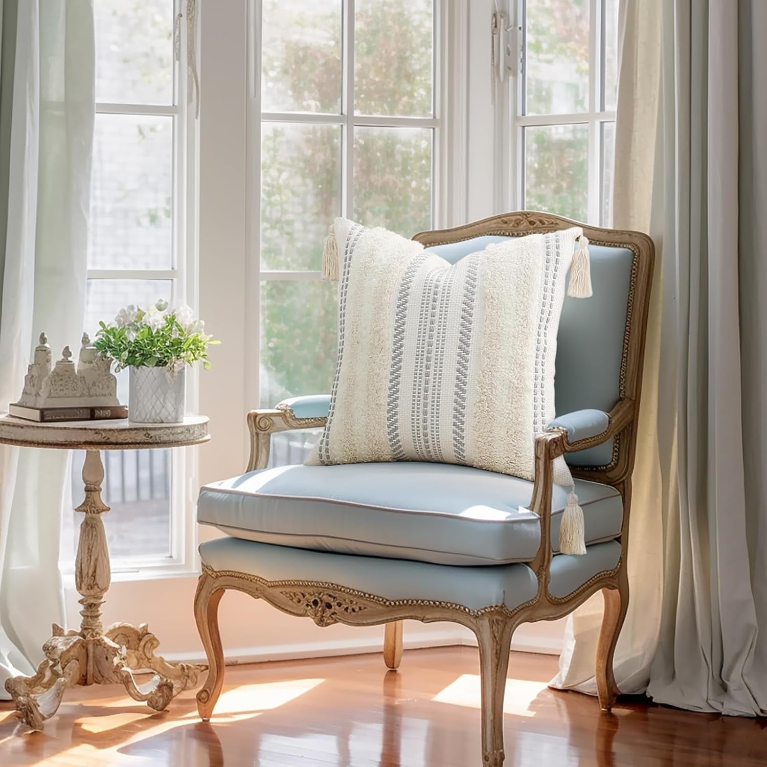 Summer Decorative Boho Throw Pillow Covers 20X20 Set of 2, Accent Neutral Textured Tufted Pillow Covers Striped for Couch Bed Sofa Living Room, Beige and Cream White