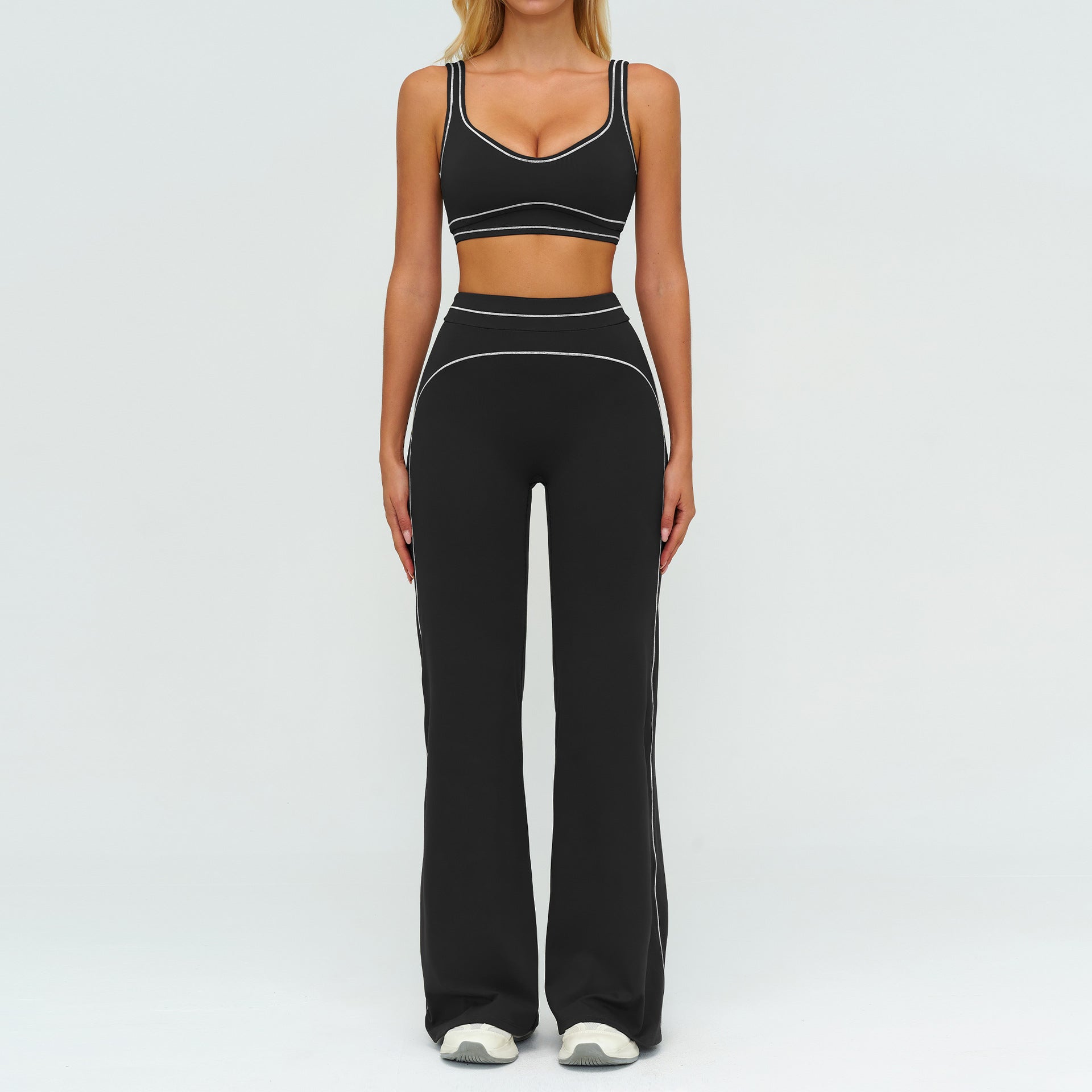 Contrast-color Brushed Yoga Set With Dual Shoulder Straps