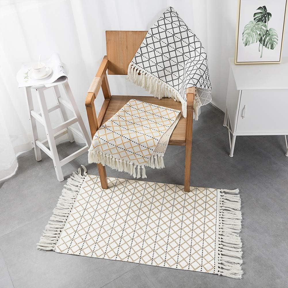 Boho Bathroom Rug, Boho Rug Kitchen Runner Washable Bath Rug, Woven Small Cotton Bohemian Tribal Farmhouse Tassel Moroccan Boho Bath Mat for Bedroom Hallway 2'X3'