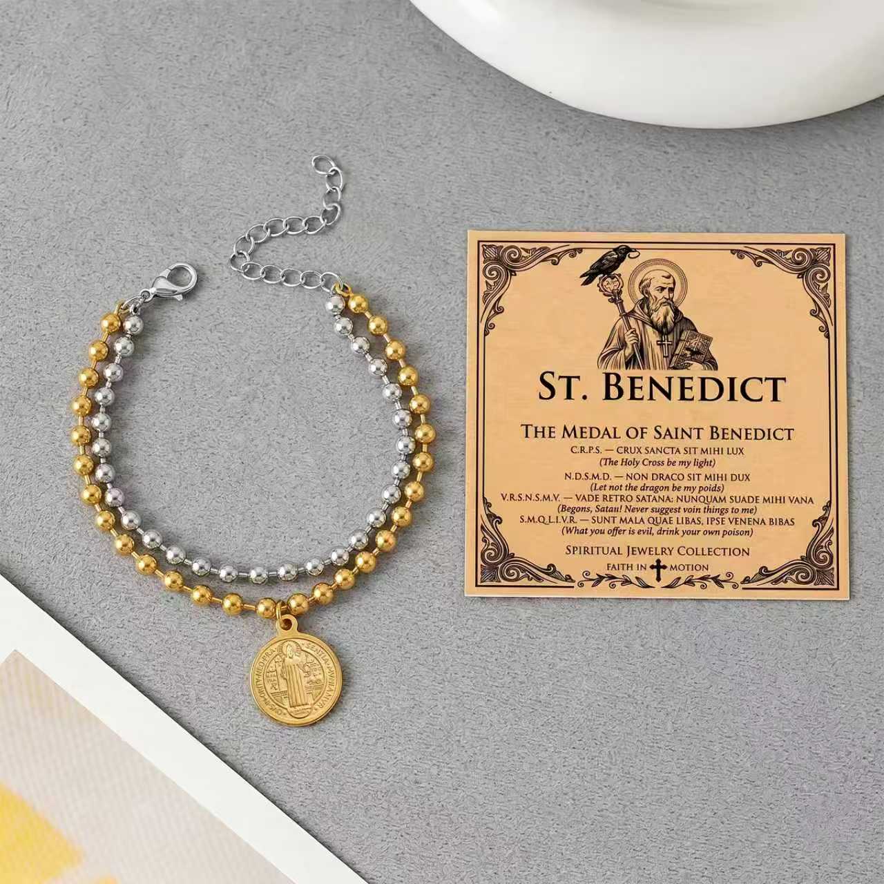 Double Layer St Benedict Bracelet Gold Silver Two Tone Stainless Steel Ball Bead Chain San Benito Medal Protection Charm