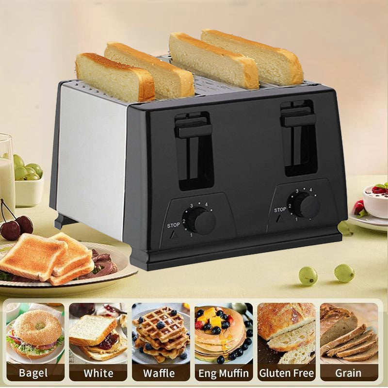 Kitchen Toaster 4 Slice Steel Variable Defrost Reheat Extra Wide Slot