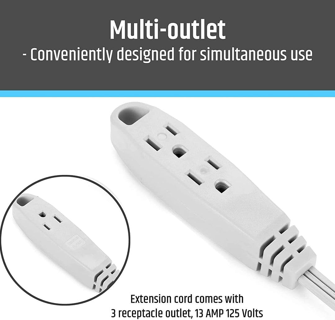 3 Outlet Flat Extension Cord for Indoor, 3 Prong Extension Cord with 16AWG 125V 1625W, UL Listed Triple Wire Grounded Multi Outlet Plug 10Ft White 2 Pack