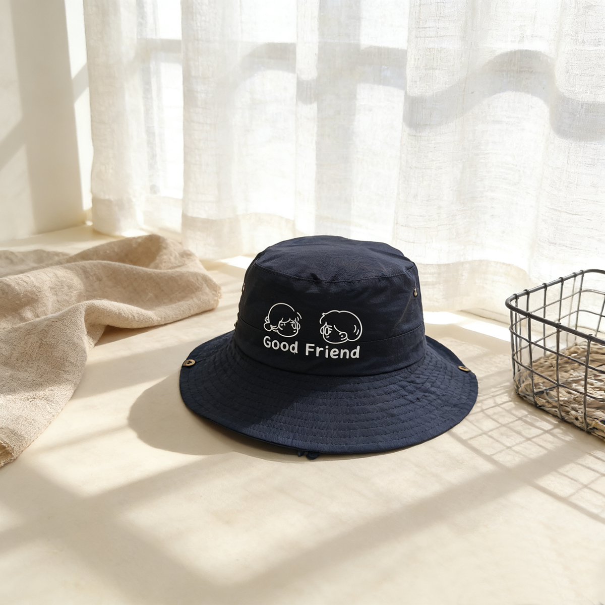 Solid-color Children's English Cartoon Character Embroidered Adjustable Simple And Sweet Fisherman Hat