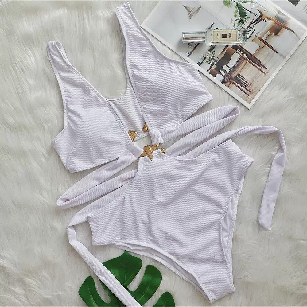 High-Waisted Boho Bikini Swimsuit with V-Neck Cut